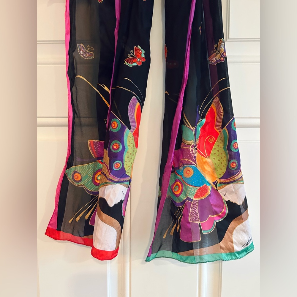 Vintage Laurel Burch 100% Silk Scarf Multicolor Butterfly Long Designer Wrap - Picture 3 of 16